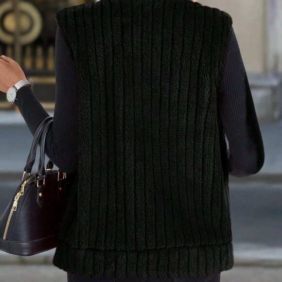 Black Casual Women's Zip-Up Stand Collar Vest Jacket - Picture 3 of 6